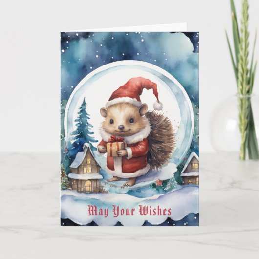 Niedlicher Igel in Santas Hat Snowglobe Weihnachte Karte (Vorderseite)