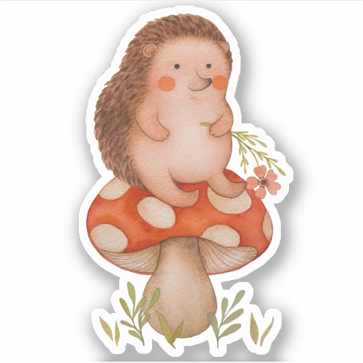 Niedlicher Igel in Wasserfarbe auf einem Pilz Aufkleber (Vorderseite)