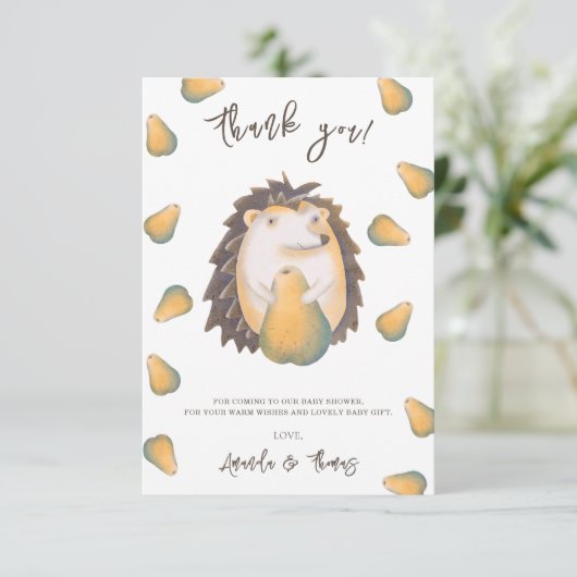 Niedlicher Igel mit Birnen - vielen Dank Dankeskarte (Stehend Vorderseite)
