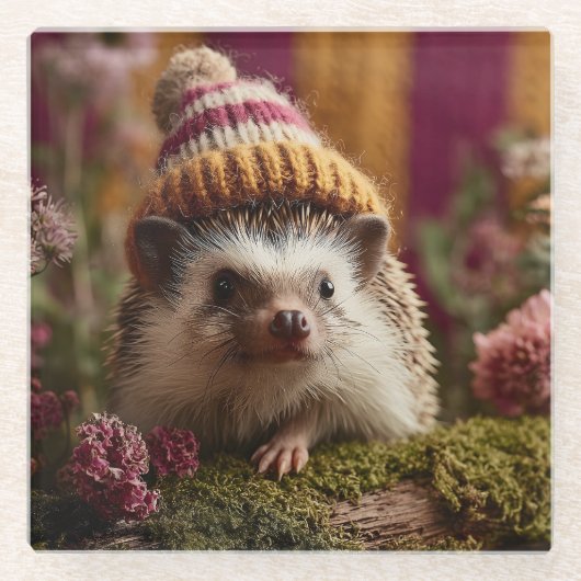 Niedlicher Igel mit einem Strick gestreift Winterh Glasuntersetzer (Vorderseite)
