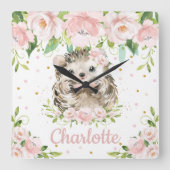 Niedlicher Igel Rosa Blumenzunge Quadratische Wanduhr (Vorderseite)