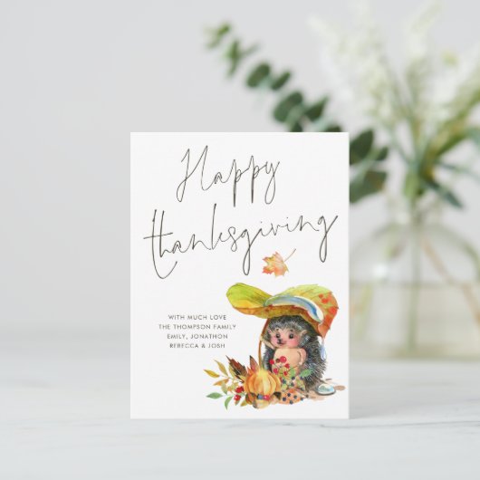 Niedlicher Igel Script Happy Thanksgiving Postkarte (Stehend Vorderseite)