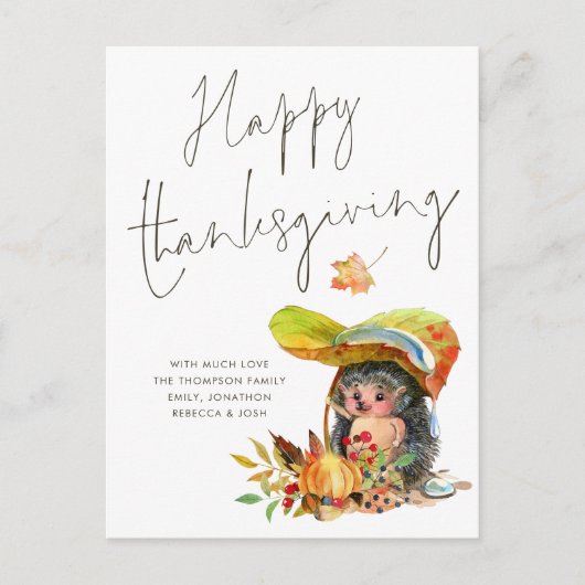 Niedlicher Igel Script Happy Thanksgiving Postkarte (Vorderseite)