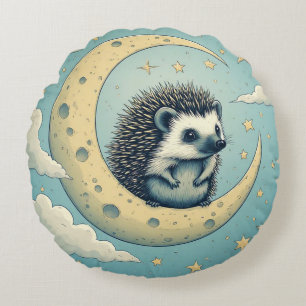 Niedlicher Igel sitzt auf zunehmendem Mond Rundes Kissen