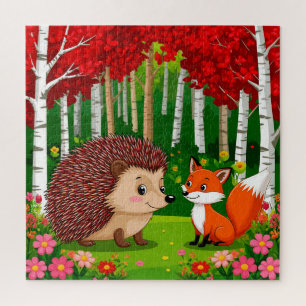 Niedlicher Igel und Fuchs in einem hellen Wald Puzzle