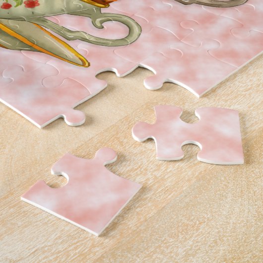 Niedlicher Igel und Stapel farbiger Teetassen Rosa Puzzle (Seite)