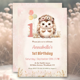 Niedlicher Igel Woodland Boho Girl 1. Geburtstag Einladung