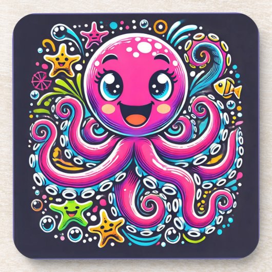 Niedlicher Illustrierter Oktopus mit farbigen Fisc Getränkeuntersetzer (Vorderseite)