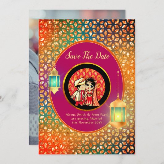 Niedlicher indischer Cartoon Couple Save the Date Einladung (Vorne/Hinten)