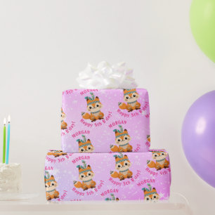 Niedlicher indischer Fox, Name & Geburtstag, blass Geschenkpapier