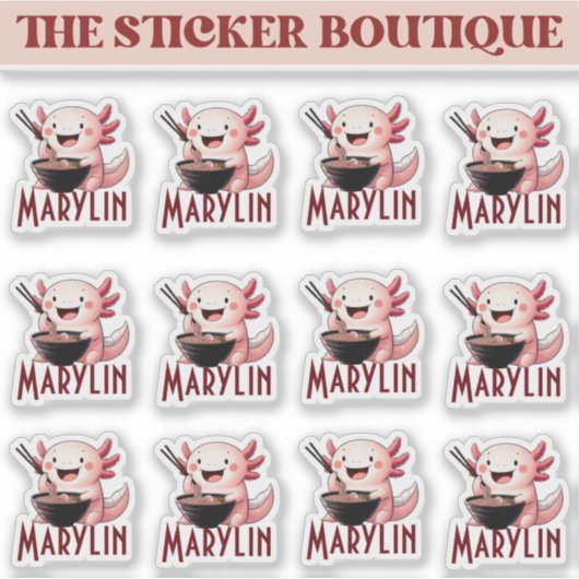 Niedlicher Individuelle Name Axolotl Eating Noodle Aufkleber (Vorderseite)