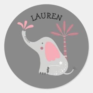 Niedlicher Individuelle Name Gray Elephant Pink Pa Runder Aufkleber