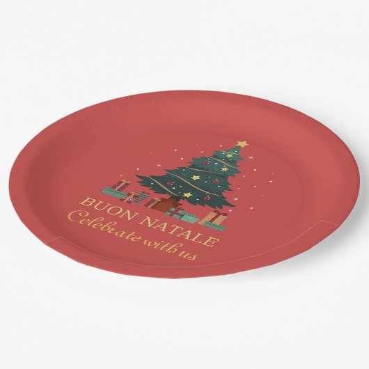 Niedlicher italienischer Buon Natale Custom Tree Pappteller (Schrägansicht)