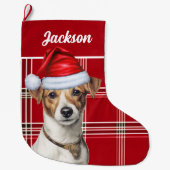 Niedlicher Jack Russell Dog Red Kariert Personalis Großer Weihnachtsstrumpf (Vorderseite)