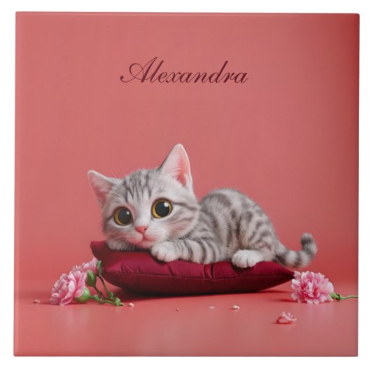 Niedlicher Januar Katze mit Nelken Fliese (Vorderseite)