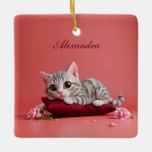 Niedlicher Januar Katze mit Nelken Keramikornament