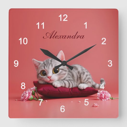 Niedlicher Januar Katze mit Nelken Quadratische Wanduhr (Vorderseite)