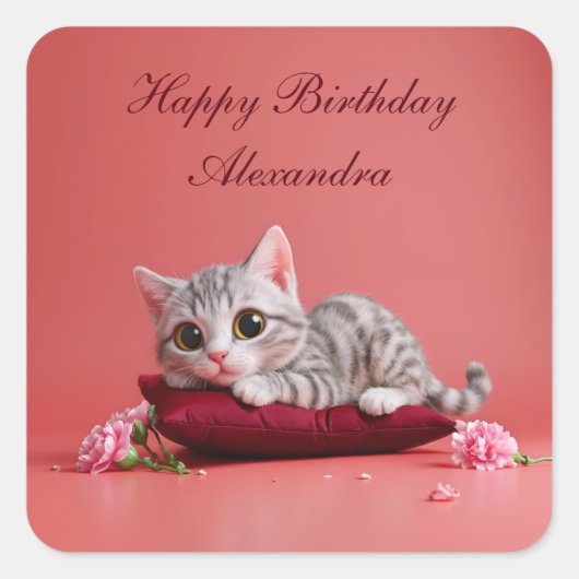 Niedlicher Januar Katze mit Nelken Quadratischer Aufkleber (Vorderseite)