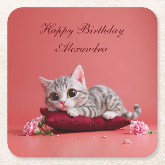 Niedlicher Januar Katze mit Nelken Rechteckiger Pappuntersetzer (Vorderseite)