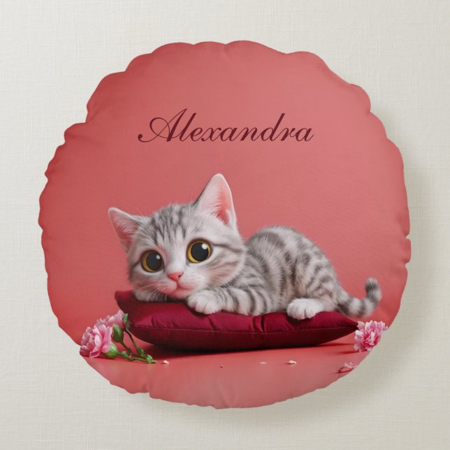 Niedlicher Januar Katze mit Nelken Rundes Kissen (Vorderseite)