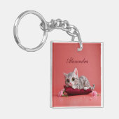 Niedlicher Januar Katze mit Nelken Schlüsselanhänger (Vorderseite links)