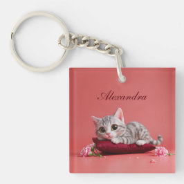 Niedlicher Januar Katze mit Nelken Schlüsselanhänger