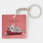 Niedlicher Januar Katze mit Nelken Schlüsselanhänger (Rückseite)