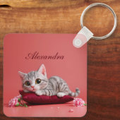 Niedlicher Januar Katze mit Nelken Schlüsselanhänger (Rückseite)