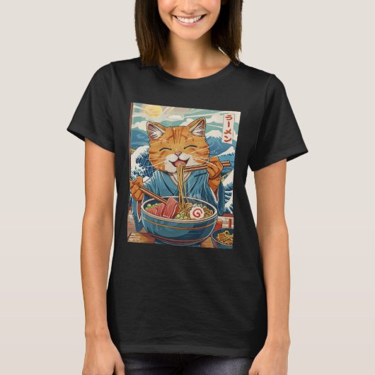 Niedlicher japanischer Ramen Kat The Great Wave T-Shirt (Vorderseite)