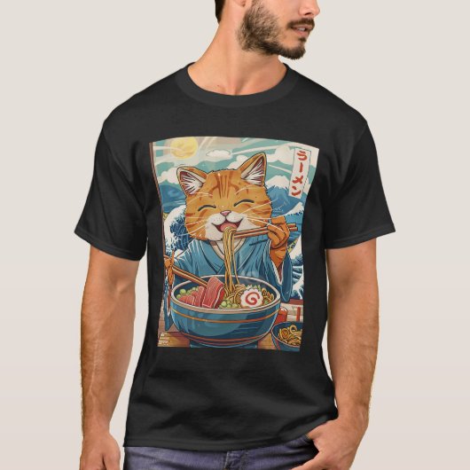 Niedlicher japanischer Ramen Kat The Great Wave T-Shirt (Vorderseite)