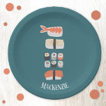 Niedlicher japanischer Sushi-Individuelle Name Pappteller<br><div class="desc">Köstliche Sushi-,  Nigiri- und Maki-Roll-japanische Küche. Personalisieren Sie das Programm,  indem Sie den Namen ändern oder entfernen. Originelle Kunst von Nic Squirrell.</div>