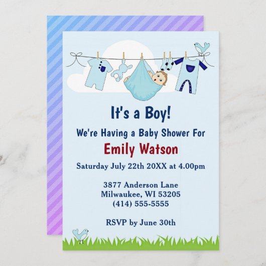 Niedlicher Junge auf der Clothesline Boho Babydusc Einladung (Vorne/Hinten)