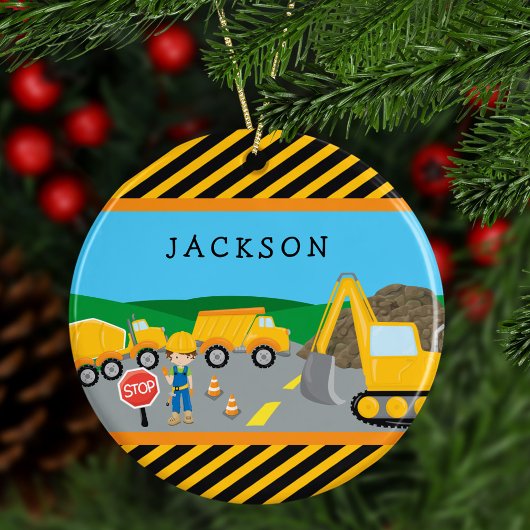 Niedlicher Junge Baufahrzeug Kinder Weihnachten Keramik Ornament