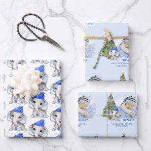 Niedlicher Junge Elephant Foto Name Christmas Blue Geschenkpapier Set