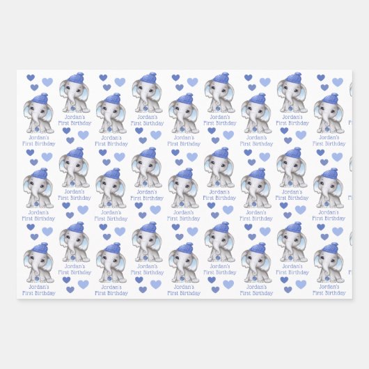 Niedlicher Junge First Birthday Blue Elephant Pers Geschenkpapier Set (Vorderseite)