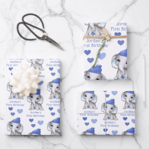 Niedlicher Junge First Birthday Blue Elephant Pers Geschenkpapier Set