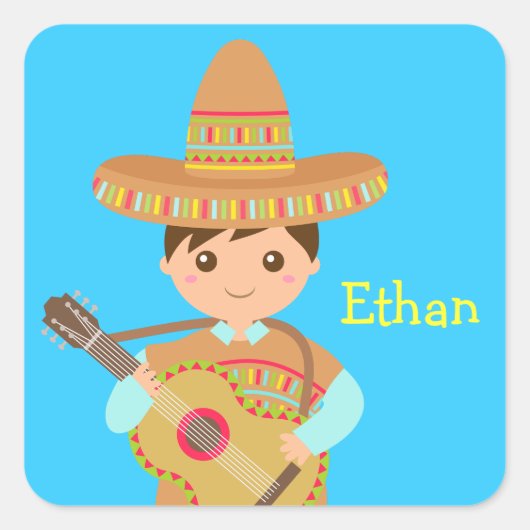 Niedlicher Junge Mexican Sombrero Hat Guitar Fiest Quadratischer Aufkleber (Vorderseite)