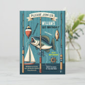 niedlicher Junge mit blauem Boot Fischen am 1. Geb Einladung (Stehend Vorderseite)