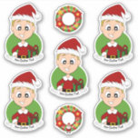 Niedlicher Junge mit kurzem Weihnachtsaufkleber Aufkleber<br><div class="desc">Set von sieben Vinyl-Aufklebern mit einer Illustration eines niedlichen kleinen,  glücklichen Lächeljungen mit kurzem blondem Haar,  der in Weihnachtskleider gekleidet ist und einen roten Weihnachtshut auf grünem Hintergrund trägt; fünf Aufkleber des Jungen und zwei Aufkleber mit einem Weihnachtskranz; mit einer anpassbaren Textvorlage für Ihren Namen oder Ihre Nachricht.</div>