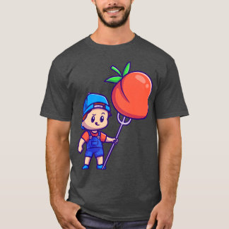Niedlicher Junge mit Pfirsichobst Cartoon T-Shirt