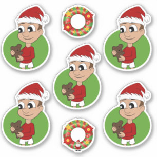 Niedlicher Junge mit Teddybär Weihnachtsaufkleber Aufkleber