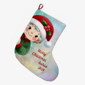 Niedlicher Junge mit Weihnachtsmannmütze Großer Weihnachtsstrumpf (Vorderansicht (hängend))