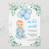 Niedlicher Junge moderne Eukalyptus-blaue Ballons Einladung (Vorne/Hinten)