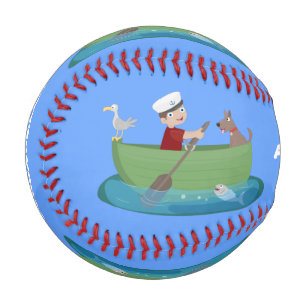 Niedlicher Junge Segelschiff und Hunderuderschiff Baseball