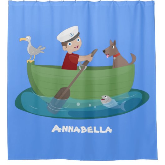 Niedlicher Junge Segelschiff und Hunderuderschiff  Duschvorhang (Vorderseite)