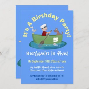 Niedlicher Junge Segelschiff und Hunderuderschiff  Einladung