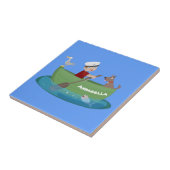 Niedlicher Junge Segelschiff und Hunderuderschiff  Fliese (Seite)