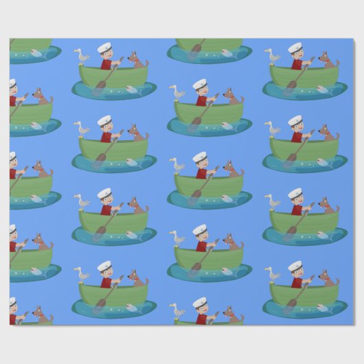 Niedlicher Junge Segelschiff und Hunderuderschiff Geschenkpapier (Flach)