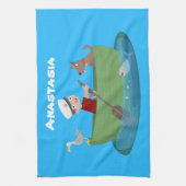 Niedlicher Junge Segelschiff und Hunderuderschiff  Geschirrtuch (Vertikal)