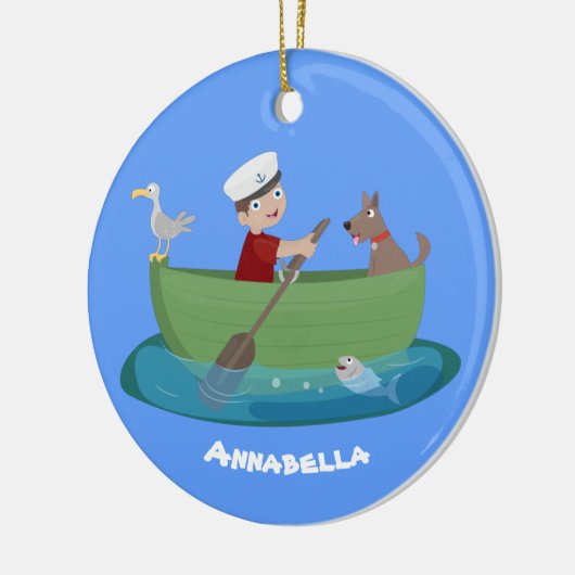 Niedlicher Junge Segelschiff und Hunderuderschiff Keramik Ornament (Links)